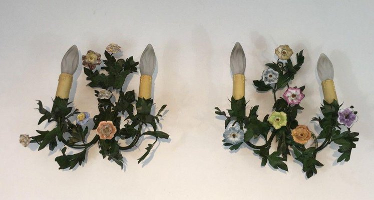 Iron Wall Lights with Porcelain Flowers, 1960s, Set of 2-BA-1365587