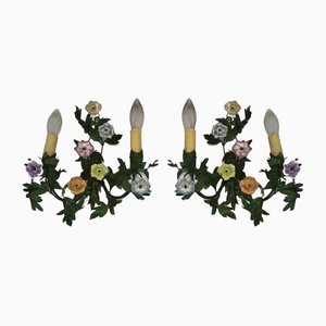 Iron Wall Lights with Porcelain Flowers, 1960s, Set of 2-BA-1365587