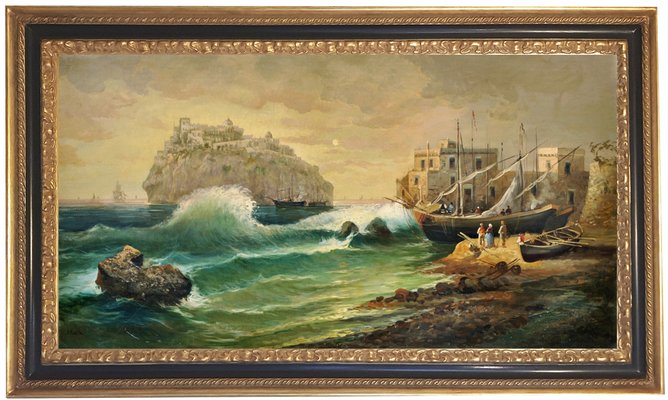 Ischia, Posillipo School, Italian Landscape Painting, Oil on Canvas, Framed-YUW-1305239