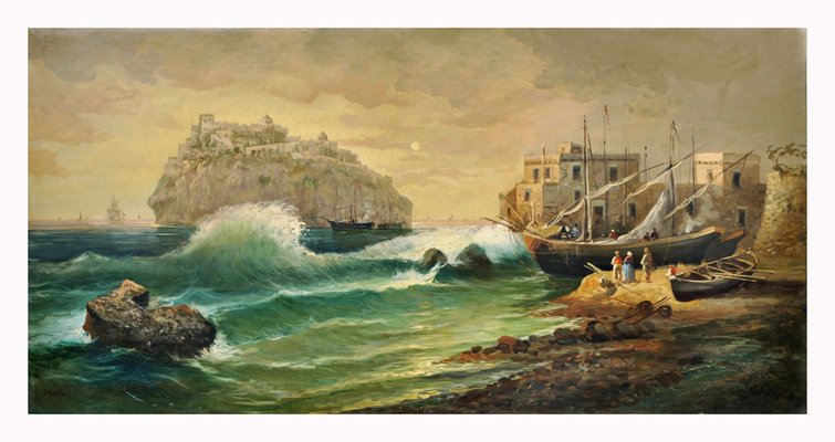 Ischia, Posillipo School, Italian Landscape Painting, Oil on Canvas, Framed-YUW-1305239