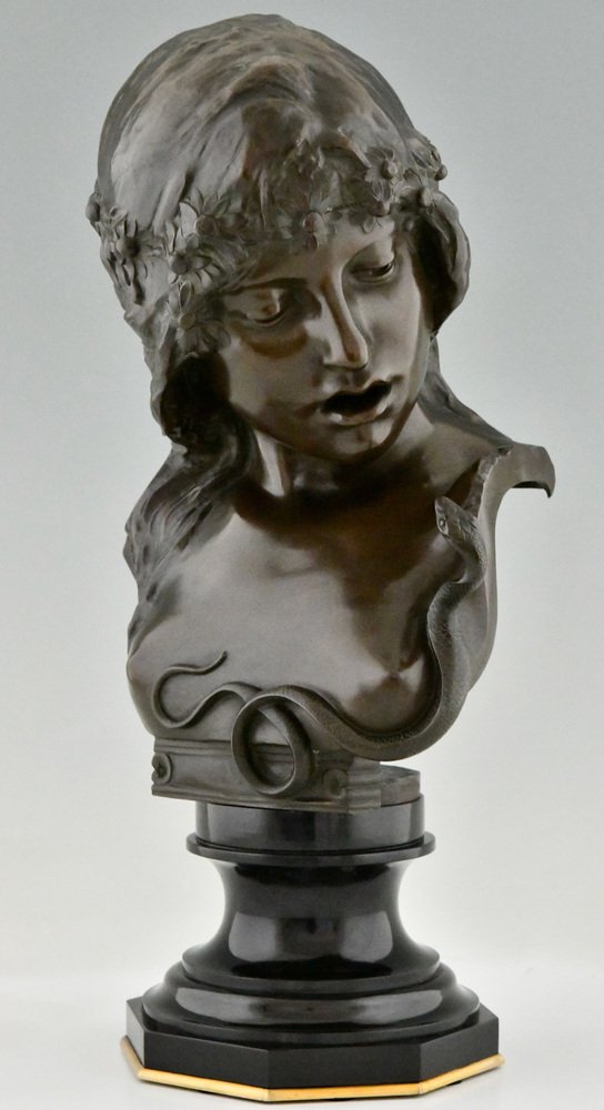 Isidore De Rudder, Art Nouveau Cleopatra Bust with Snake, 1900, Bronze & Marble