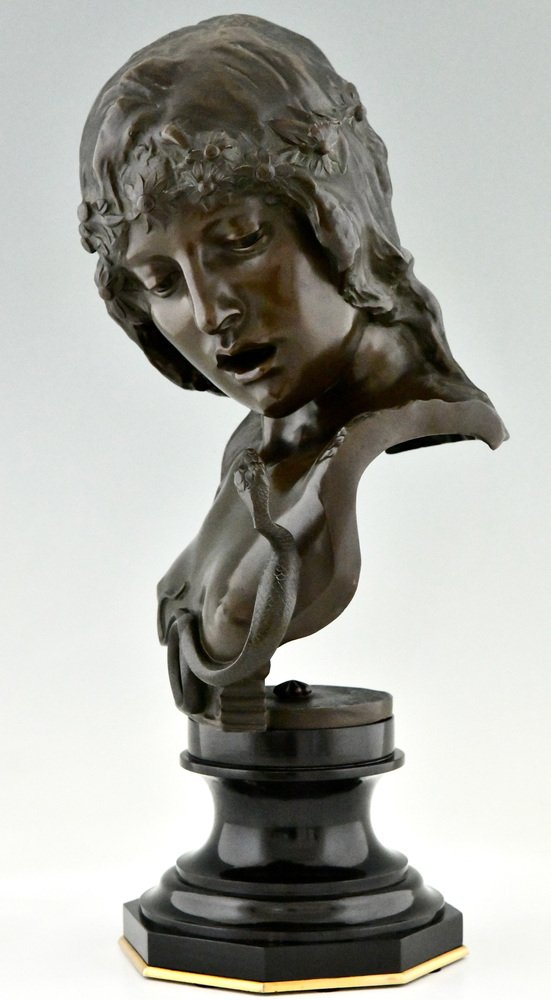 Isidore De Rudder, Art Nouveau Cleopatra Bust with Snake, 1900, Bronze & Marble