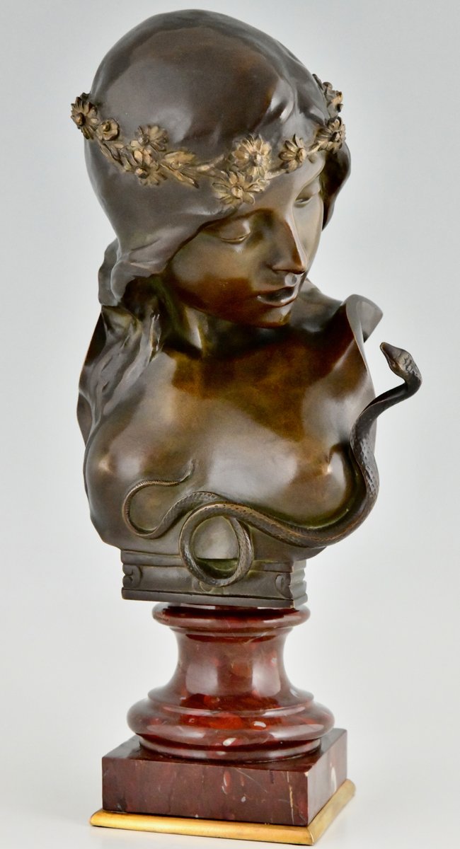 Isidore De Rudder, Art Nouveau Cleopatra Bust with Snake, 1900, Bronze on Marble Base