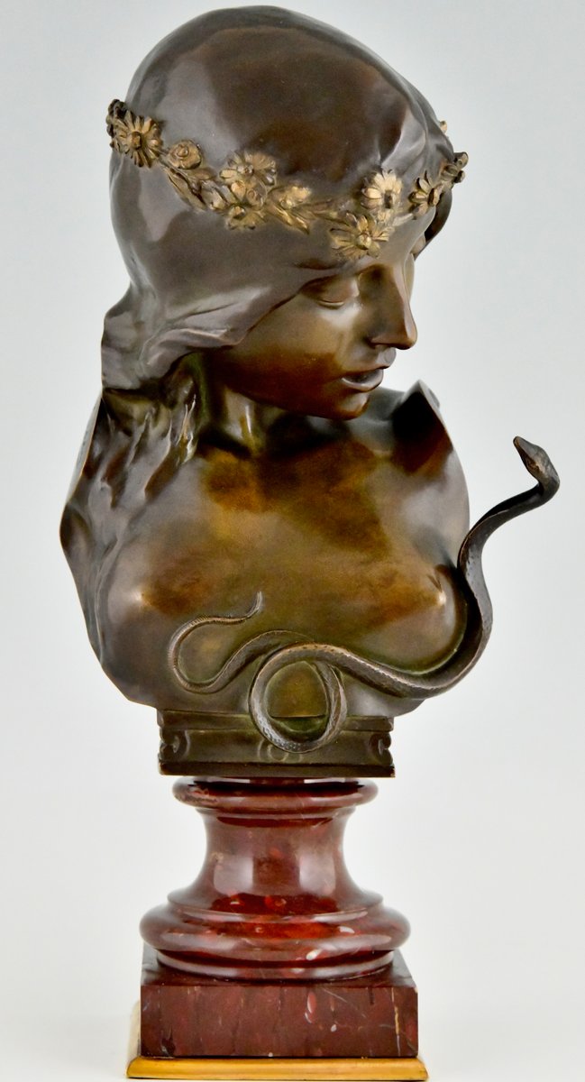 Isidore De Rudder, Art Nouveau Cleopatra Bust with Snake, 1900, Bronze on Marble Base