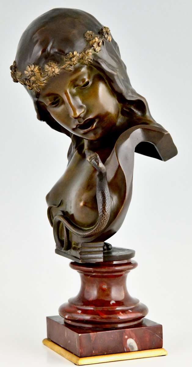 Isidore De Rudder, Art Nouveau Cleopatra Bust with Snake, 1900, Bronze on Marble Base