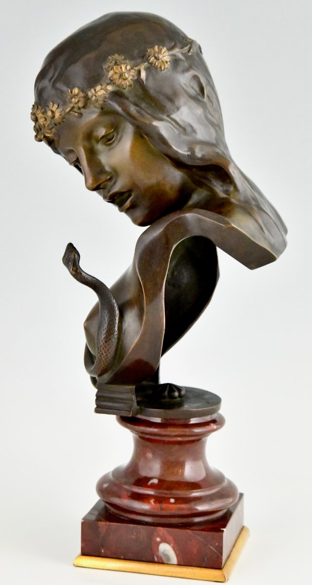 Isidore De Rudder, Art Nouveau Cleopatra Bust with Snake, 1900, Bronze on Marble Base