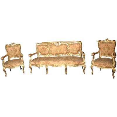 Italian 19th Century Gilt Living Room Set with Sofà and Armchairs, Set of 3-MBH-1032164