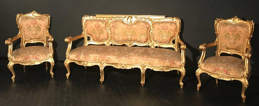 Italian 19th Century Gilt Living Room Set with Sofà and Armchairs, Set of 3