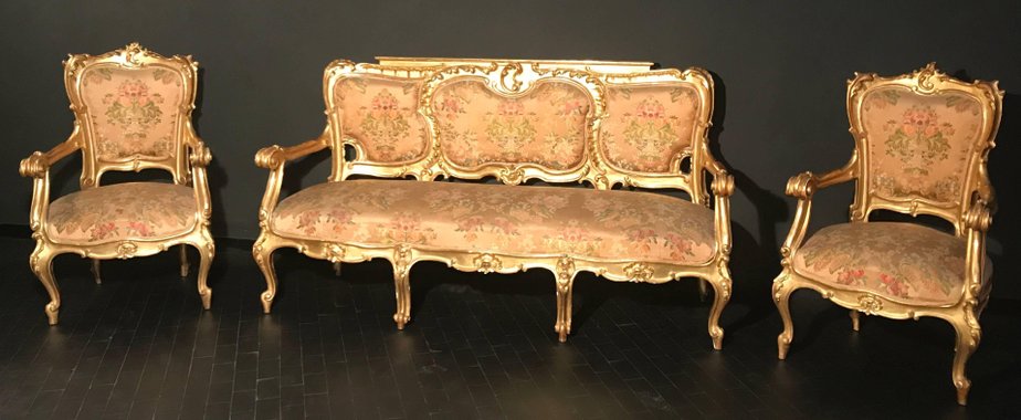 Italian 19th Century Gilt Living Room Suite with a Sofa and Armchairs, Set of 3-MBH-1034018