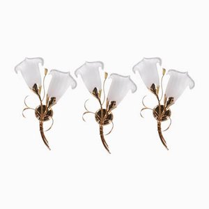 Italian 24 kt Gold-Plated Tulip Glass Wall Lamps, 1970, Set of 3-EZZ-1134209