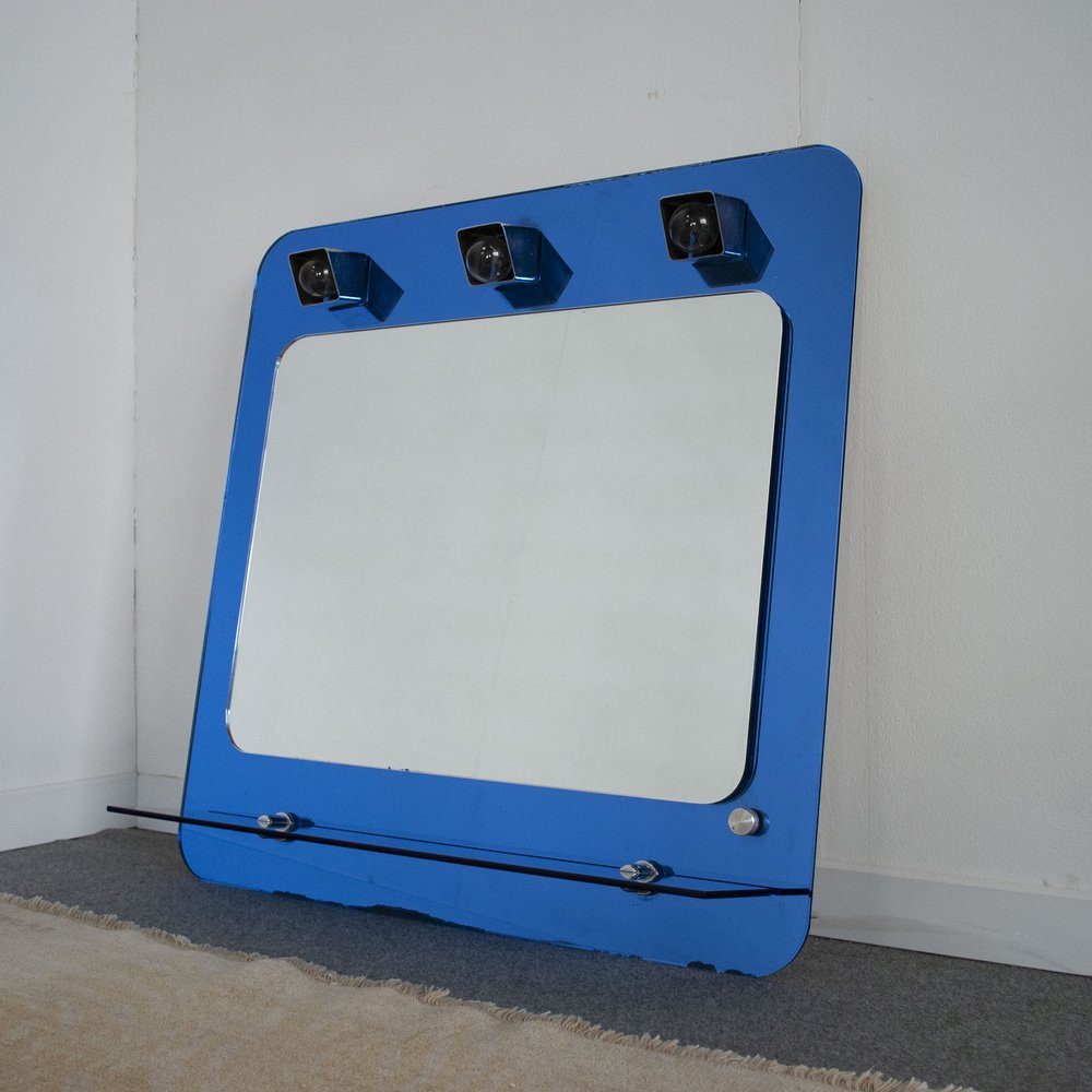 Italian 3-Light Dressing Room Mirror with Blue Glass Shelf by Metalvetro, 1970s