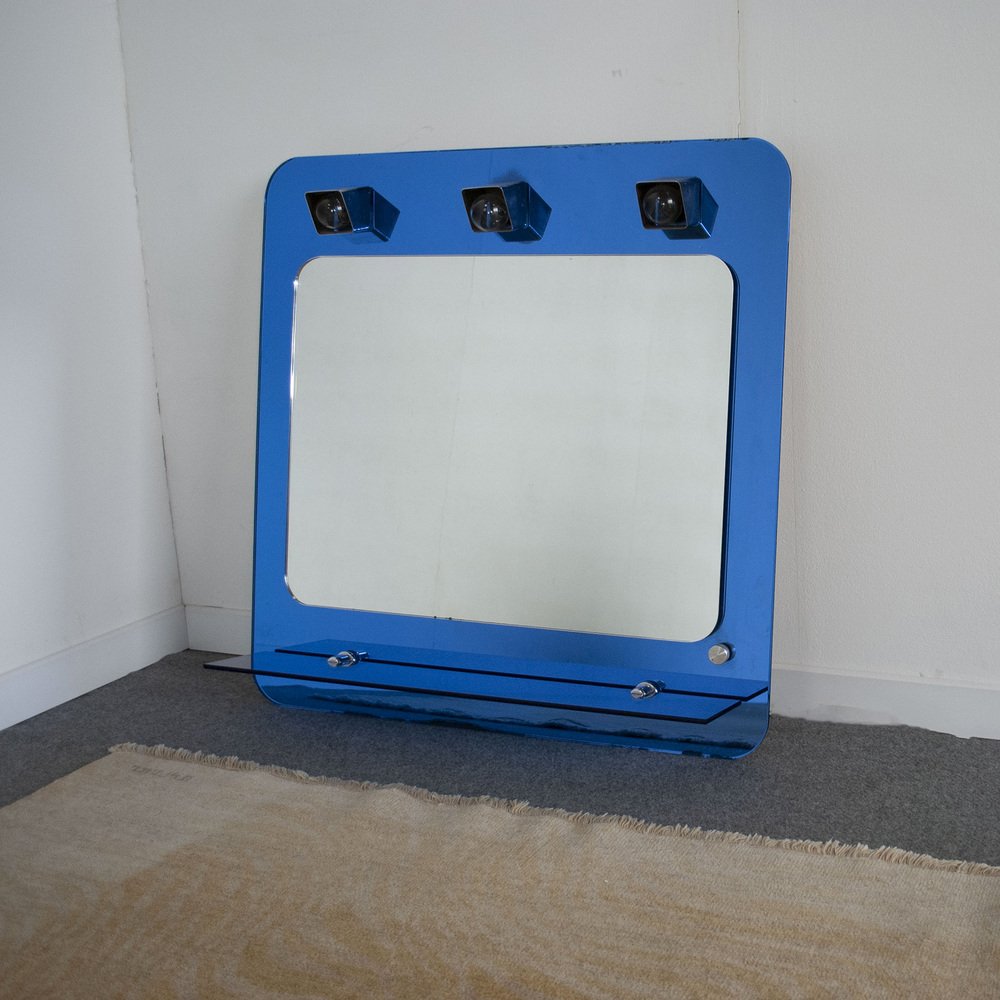 Italian 3-Light Dressing Room Mirror with Blue Glass Shelf by Metalvetro, 1970s