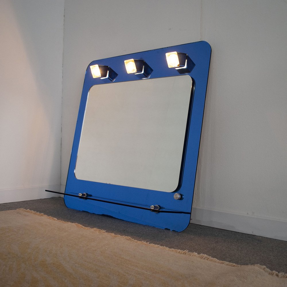 Italian 3-Light Dressing Room Mirror with Blue Glass Shelf by Metalvetro, 1970s