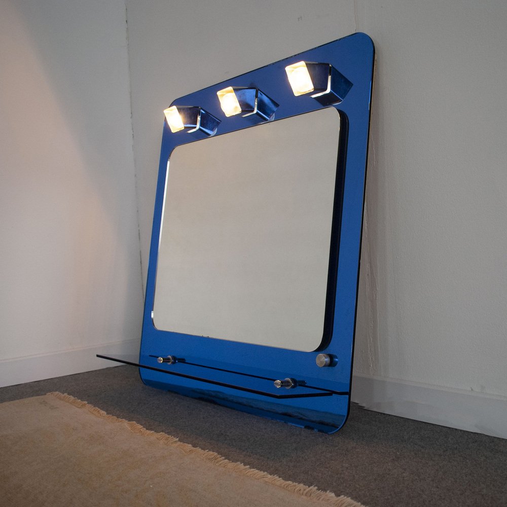 Italian 3-Light Dressing Room Mirror with Blue Glass Shelf by Metalvetro, 1970s