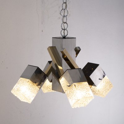 Italian 4 Light Chandelier with Glass Cubes, Chrome and Gold Geometric Structure by Gaetano Sciolari for Stilnovo-MPO-1259527