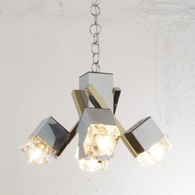 Italian 4 Light Chandelier with Glass Cubes, Chrome and Gold Geometric Structure by Gaetano Sciolari for Stilnovo-MPO-1259514