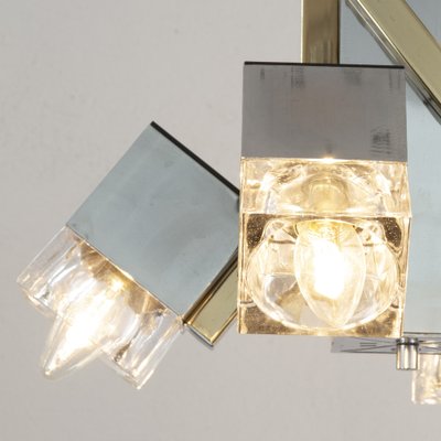 Italian 4 Light Chandelier with Glass Cubes, Chrome and Gold Geometric Structure by Gaetano Sciolari for Stilnovo-MPO-1259514