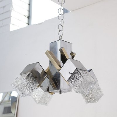 Italian 4 Light Chandelier with Glass Cubes, Chrome and Gold Geometric Structure by Gaetano Sciolari for Stilnovo-MPO-1259527