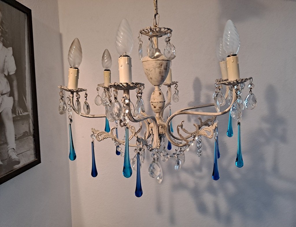 Italian 6-Arm Crystal Chandelier, 1930s