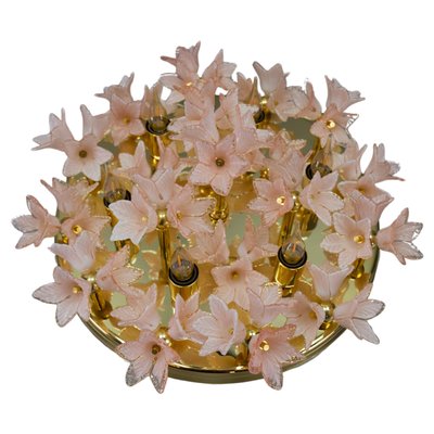 Italian 6-Light Flush Mount in Brass with Light Pastel Pink Murano Glass Flowers, 1970s-KEG-1777384