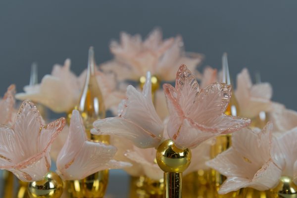 Italian 6-Light Flush Mount in Brass with Light Pastel Pink Murano Glass Flowers, 1970s-KEG-1777384