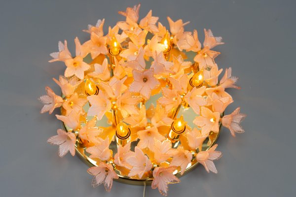 Italian 6-Light Flush Mount in Brass with Light Pastel Pink Murano Glass Flowers, 1970s-KEG-1777384