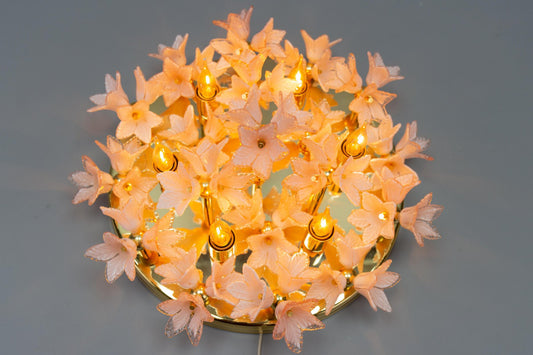 Italian 6-Light Flush Mount in Brass with Light Pastel Pink Murano Glass Flowers, 1970s