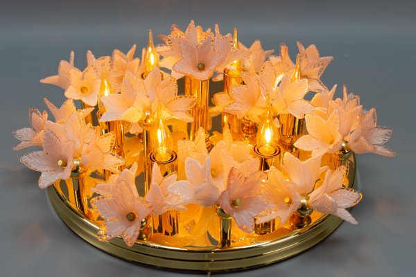 Italian 6-Light Flush Mount in Brass with Light Pastel Pink Murano Glass Flowers, 1970s-KEG-1777384