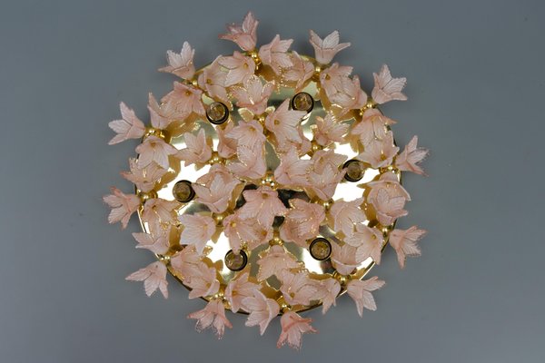 Italian 6-Light Flush Mount in Brass with Light Pastel Pink Murano Glass Flowers, 1970s-KEG-1777384