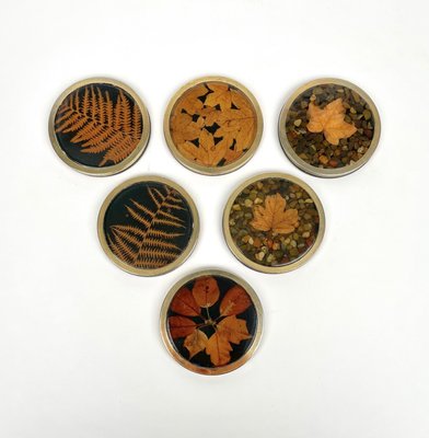 Italian Acrylic Glass and Brass Barware Coasters with Leaf Inclusions from Christian Dior, 1960s, Set of 6-LYQ-1214936