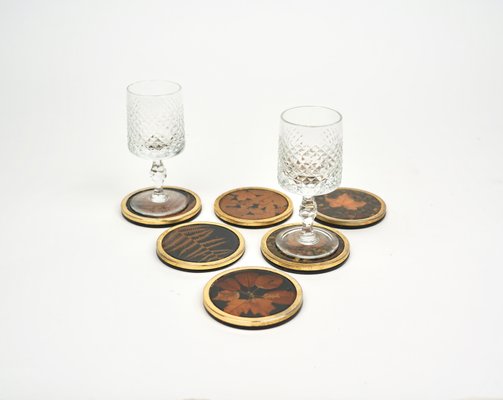 Italian Acrylic Glass and Brass Barware Coasters with Leaf Inclusions from Christian Dior, 1960s, Set of 6-LYQ-1214936