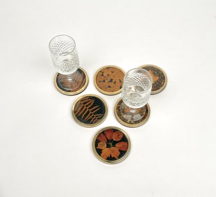 Italian Acrylic Glass and Brass Barware Coasters with Leaf Inclusions from Christian Dior, 1960s, Set of 6-LYQ-1214936