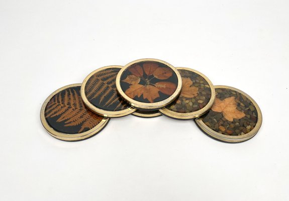 Italian Acrylic Glass and Brass Barware Coasters with Leaf Inclusions from Christian Dior, 1960s, Set of 6-LYQ-1214936