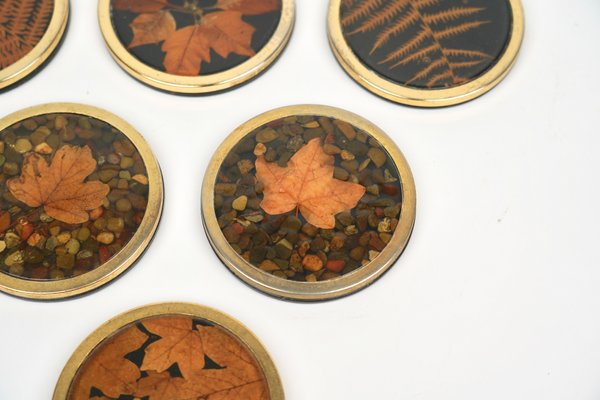 Italian Acrylic Glass and Brass Barware Coasters with Leaf Inclusions from Christian Dior, 1960s, Set of 6-LYQ-1214936