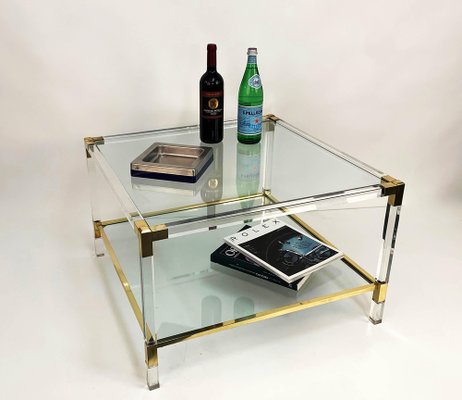 Italian Acrylic Glass & Brass Square Cocktail Table by Charles Hollis Jones, 1970s-JDR-1125970