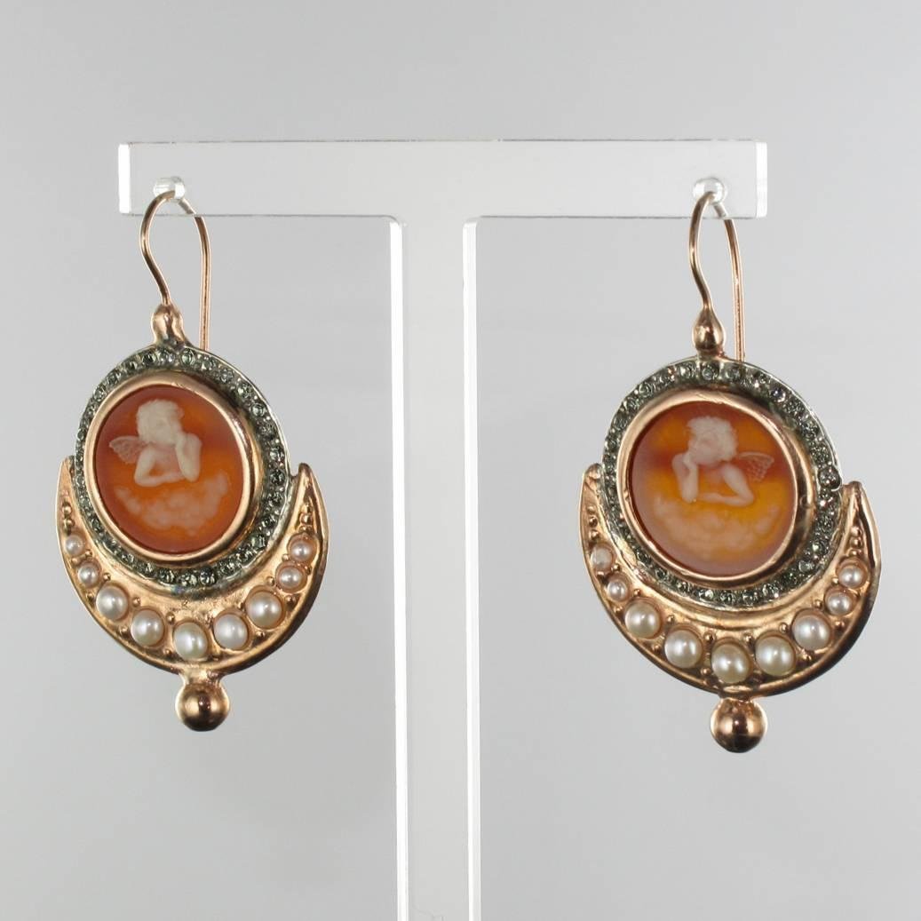 Italian Angel Cameo Pearls Vermeil Drop Earrings, Set of 2