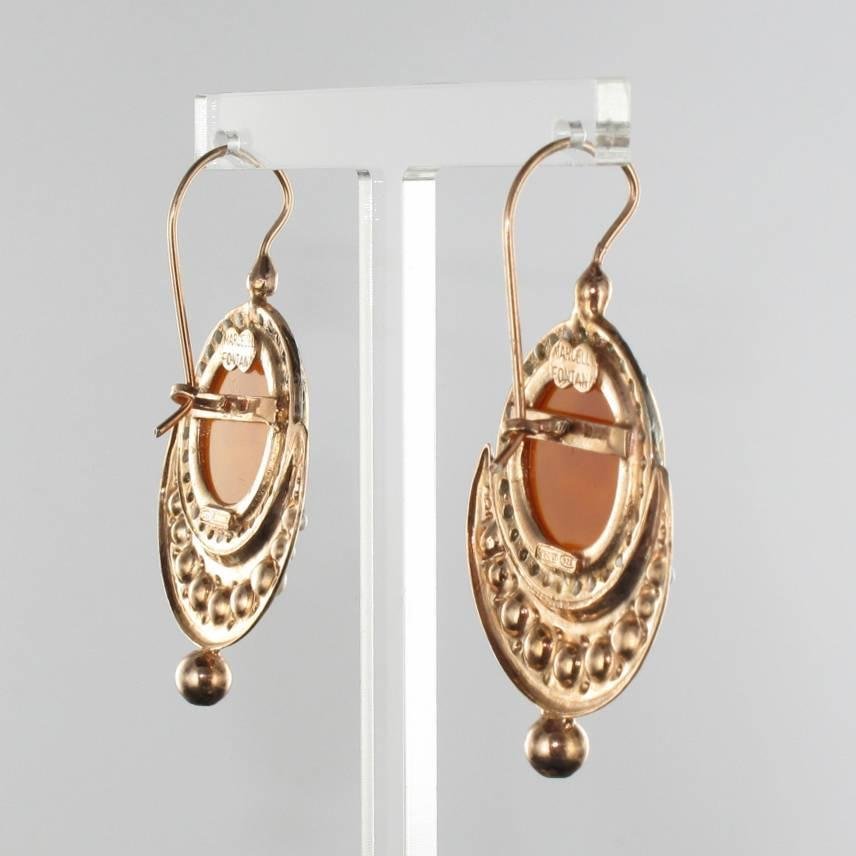 Italian Angel Cameo Pearls Vermeil Drop Earrings, Set of 2