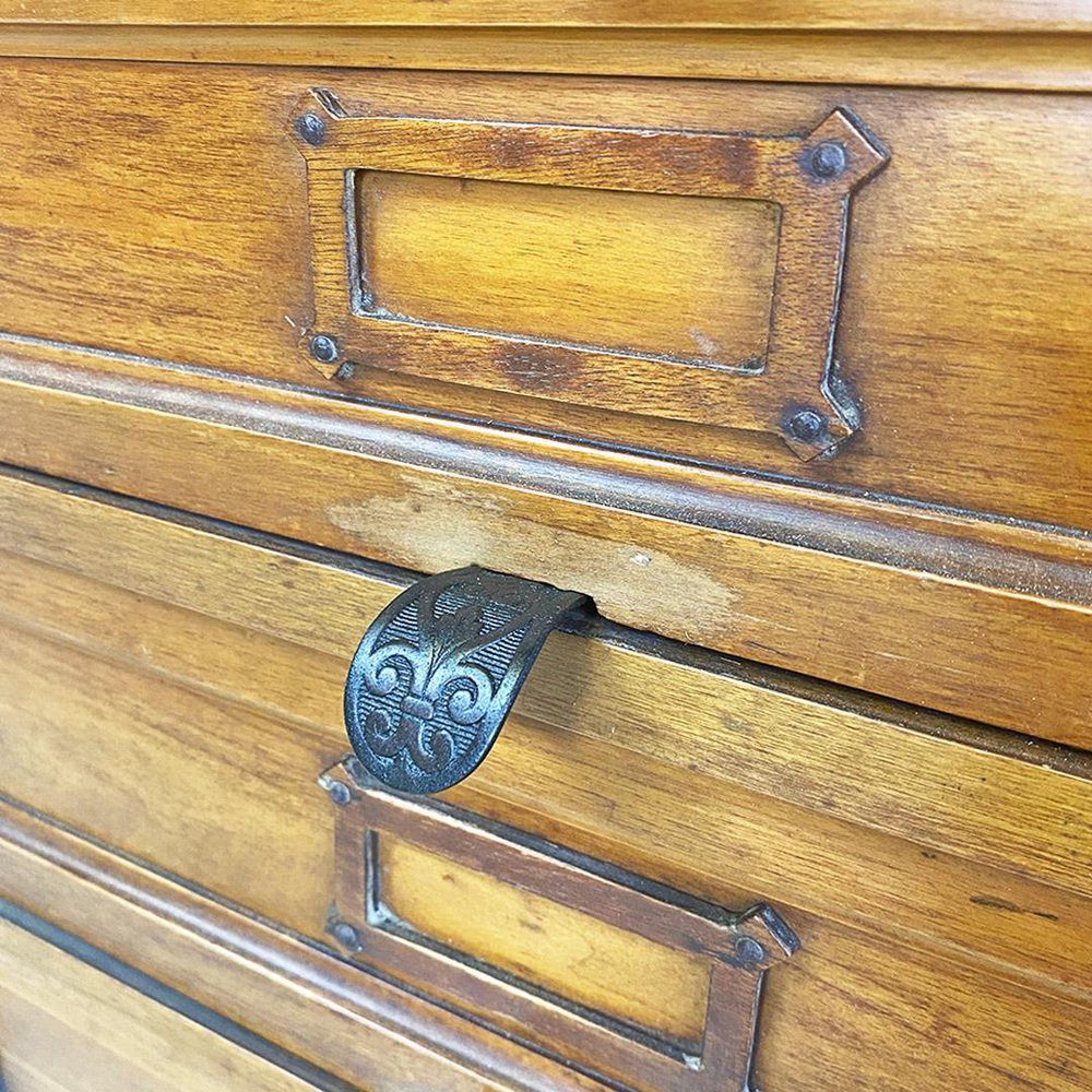 Italian Archive Cabinet in Walnut Wood and Brass Details, 1940s