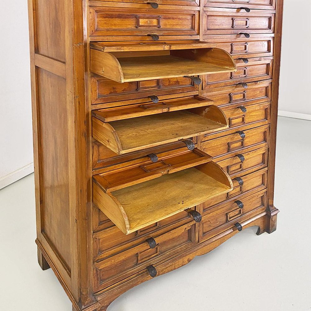 Italian Archive Cabinet in Walnut Wood and Brass Details, 1940s