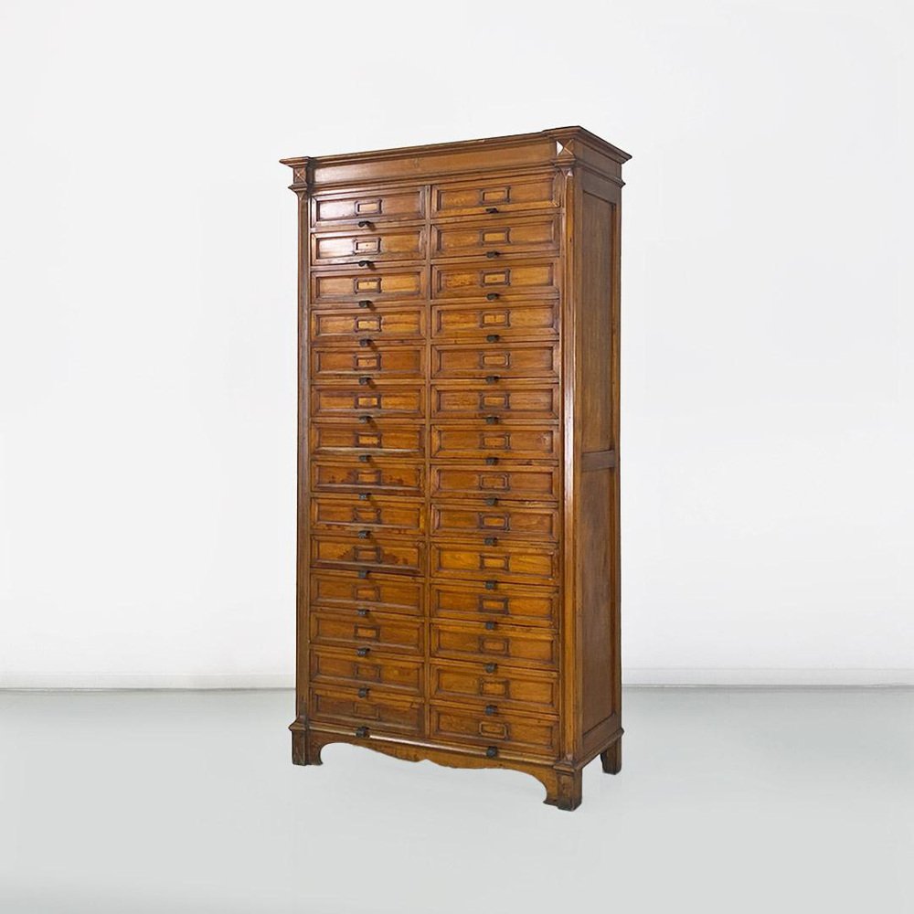 Italian Archive Cabinet in Walnut Wood and Brass Details, 1940s