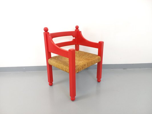 Italian Armchair in Red Wood and Straw in the style of Vico Magistretti, 1970s-AHO-1811525