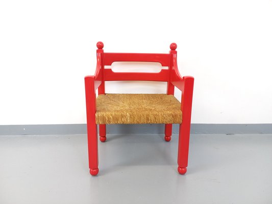 Italian Armchair in Red Wood and Straw in the style of Vico Magistretti, 1970s-AHO-1811525