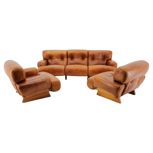 Italian Armchairs and 3-Seater Sofa in Wood and Cognac Leather, 1970s, Set of 3