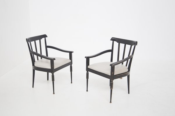 Italian Armchairs in Black Wood and White Leather, Set of 2-RCE-1268217