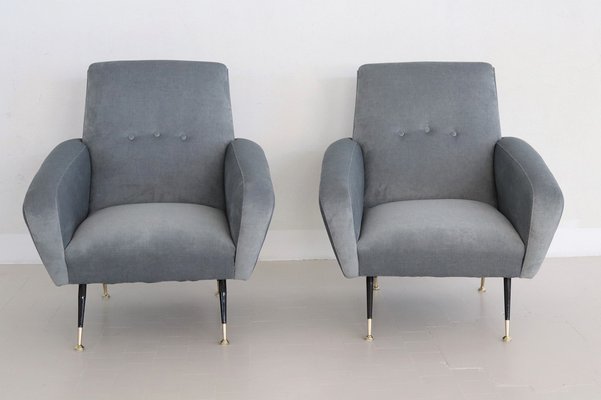 Italian Armchairs in Blue Grey Velvet, 1950s, Set of 2-VNE-1823563