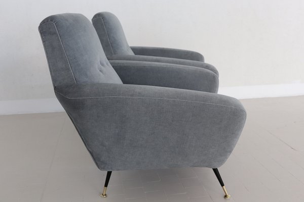 Italian Armchairs in Blue Grey Velvet, 1950s, Set of 2-VNE-1823563