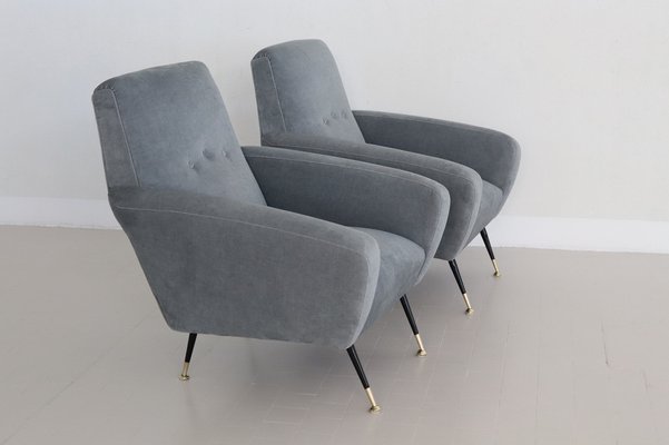 Italian Armchairs in Blue Grey Velvet, 1950s, Set of 2-VNE-1823563