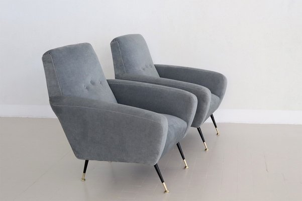 Italian Armchairs in Blue Grey Velvet, 1950s, Set of 2-VNE-1823563