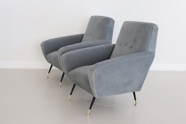 Italian Armchairs in Blue Grey Velvet, 1950s, Set of 2-VNE-1823563