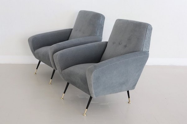 Italian Armchairs in Blue Grey Velvet, 1950s, Set of 2-VNE-1823563